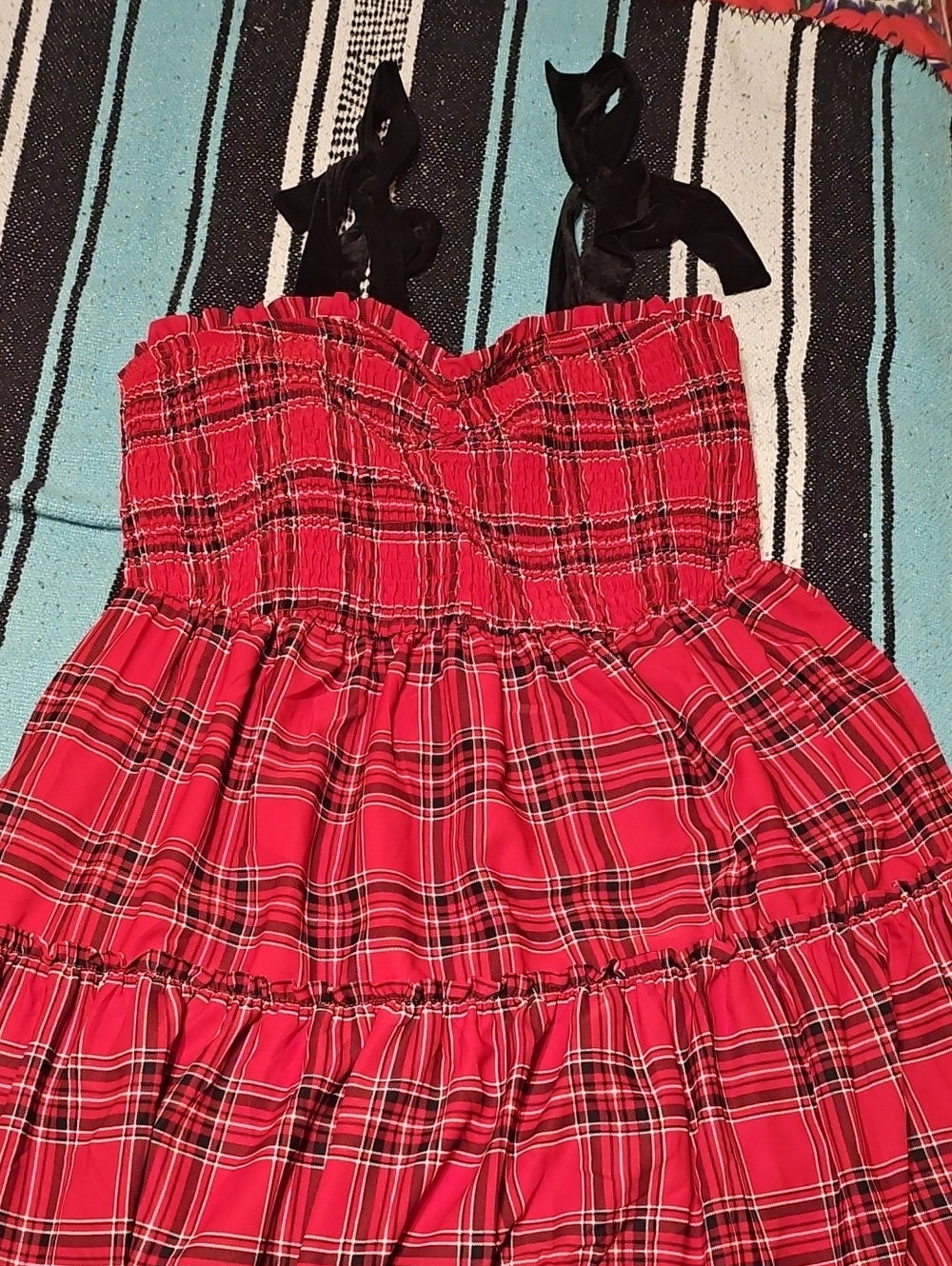 Torrid Red Plaid Smocked Strap Dress with Black Velvet Straps